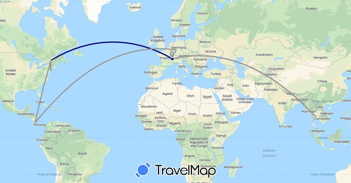 TravelMap itinerary: driving, bus, plane in Canada, Switzerland, Costa Rica, Germany, Thailand, United States (Asia, Europe, North America)
